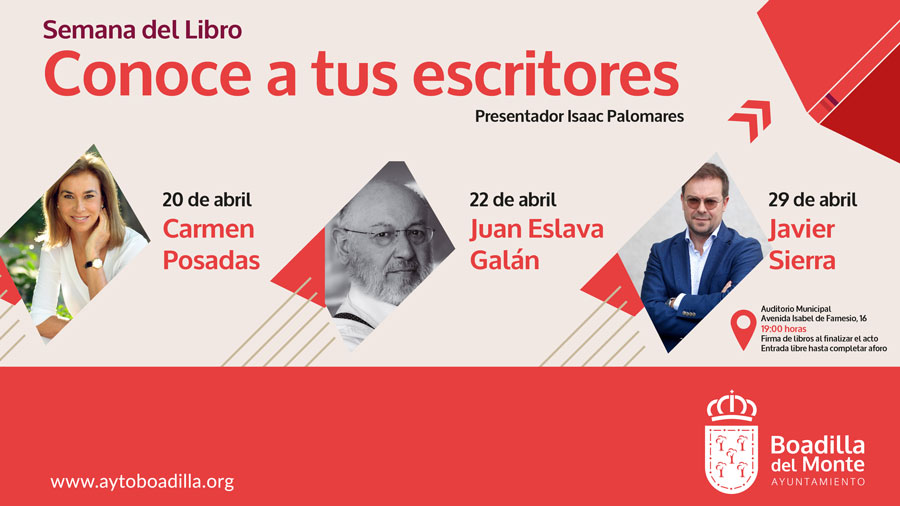 Carmen Posadas, Juan Eslava Galán y Javier Sierra impartirán conferencias durante la Semana del Libro.