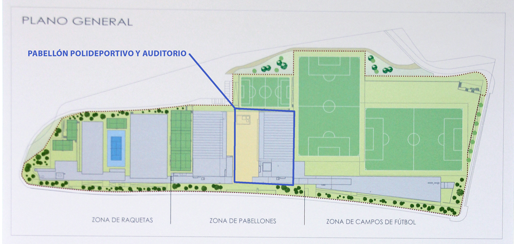 Fases en las que se divide el proyecto de recuperación del Complejo Deportivo Condesa de Chinchón. Destacada, la zona del pabellón polideportivo y el auditorio