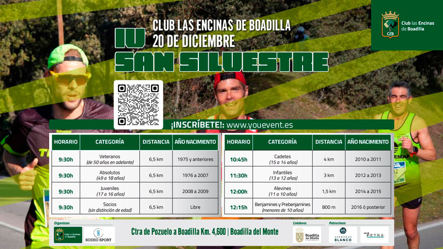 El 20 de diciembre se celebrará la IV San Silvestre, organizada por el Club Las Encinas de Boadilla del Monte El 20 de diciembre se celebrará la IV San Silvestre, organizada por el Club Las Encinas de Boadilla del Monte
