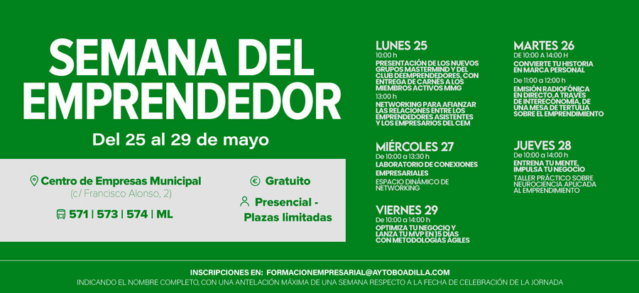 Del 25 al 29 de mayo se celebrará la Semana del Emprendedor en Boadilla del Monte Del 25 al 29 de mayo se celebrará la Semana del Emprendedor en Boadilla del Monte
