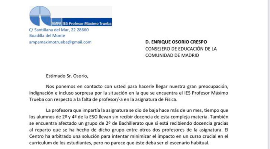 El AMPA del Máximo Trueba urge a la consejería a cubrir la plaza del profesor de Física que falta