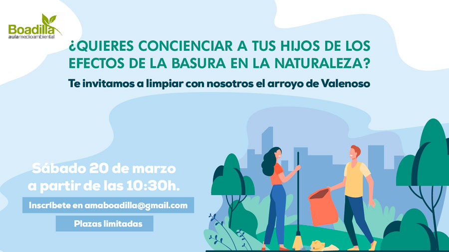 El próximo 20 de marzo, el Aula Medioambiental ha organizado una jornada de limpieza del arroyo de Valenoso en Boadilla del Monte