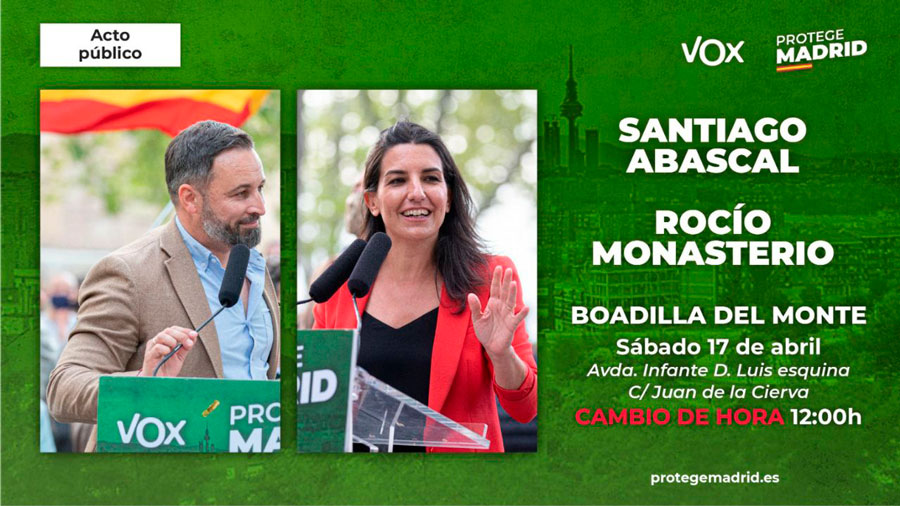 Santiago Abascal y Rocío Monasterio participarán a las 12.00 en un acto público de Vox en Boadilla del Monte