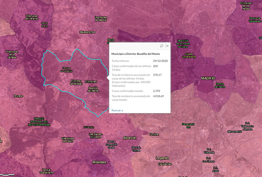 Mapa de la incidencia del covid-19 en Boadilla del Monte