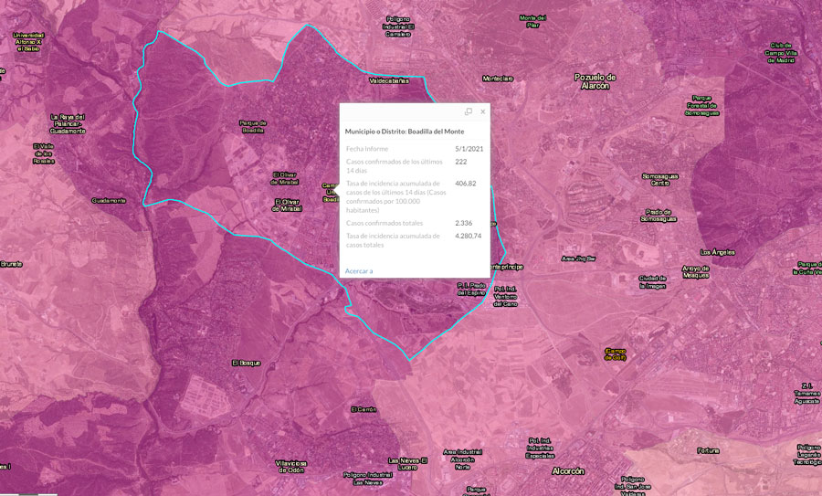 Mapa con los datos de la incidencia en los últimos 14 días de la covid-19 en Boadilla del Monte