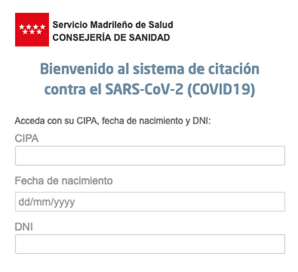 Sistema de autocitación para la vacuna del covid-19 de la Comunidad de Madrid