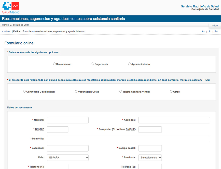 Servicio online para atender incidencias de documentos oficiales relacionados con el covid en la Comunidad de Madrid