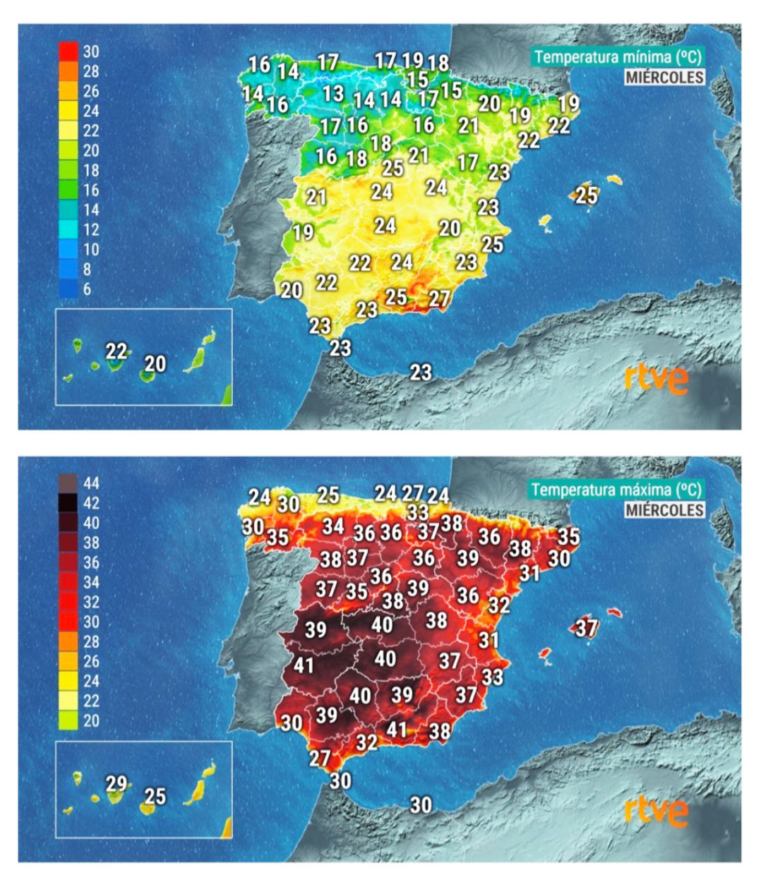 Previsión de temperaturas mínimas y máximas hoy en España. FUENTE: TVE El Tiempo