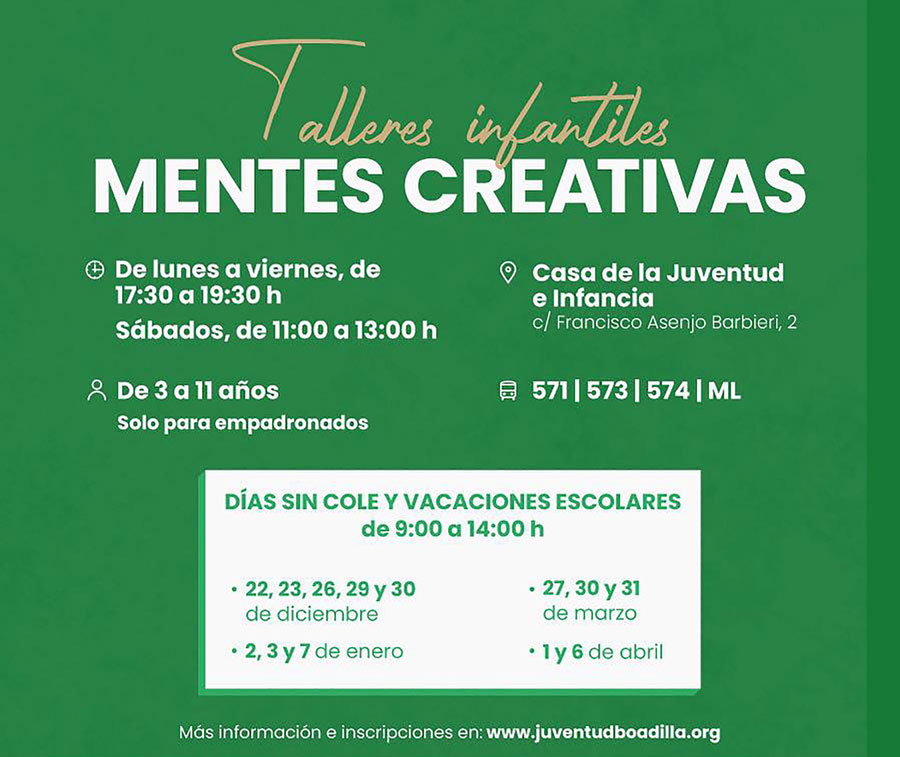 Talleres infantiles municipales en Boadilla del Monte todos los días hasta el mes de junio