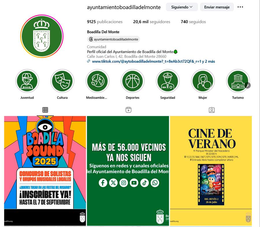 El Ayuntamiento de Boadilla del Monte suma más de 56.000 seguidores en sus diferentes redes sociales y canales de mensajería. De estos, 20.600 son de Instagram.