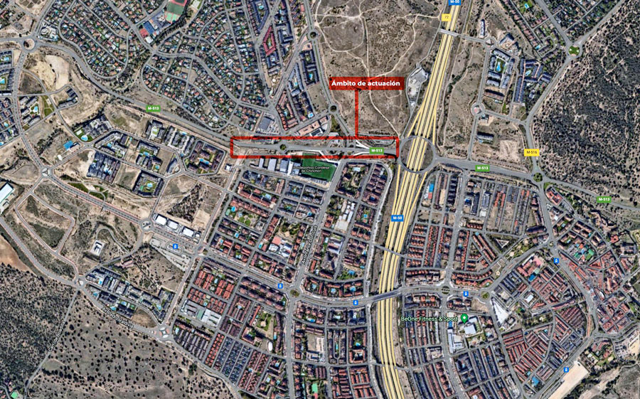 Imagen aérea de la zona en estudio de la M-513 a su paso por Boadilla del Monte entre las rotondas de la M-50 y la de Viñas Viejas