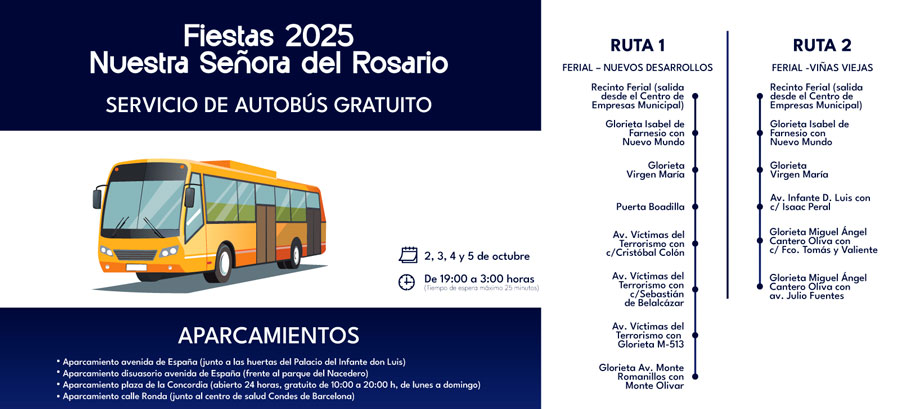 Dos rutas de autobús gratuito para acudir al recinto ferial los días 2, 3, 4 y 5 de octubre Dos rutas de autobús gratuito para acudir al recinto ferial los días 2, 3, 4 y 5 de octubre
