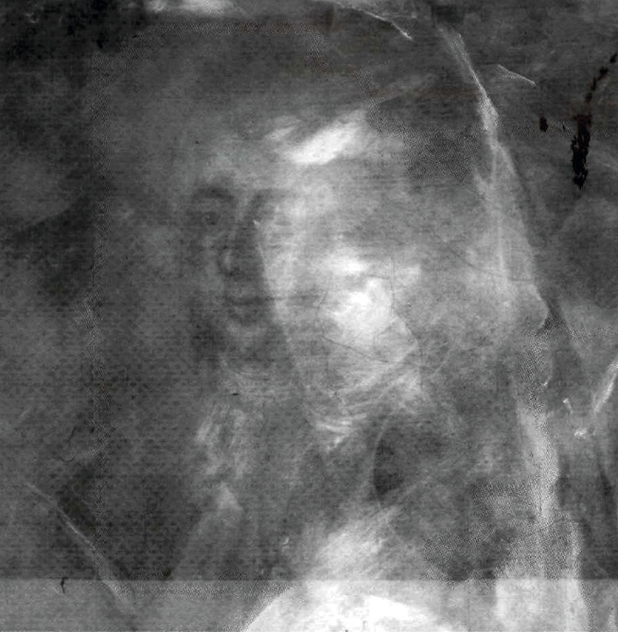 Detalle de la radiografía del cuadro de Goya de la Condesa de Chinchón. Se pueden apreciar los retratos del Duque de Alba (a la izquierda) y Manuel Godoy (a la derecha)