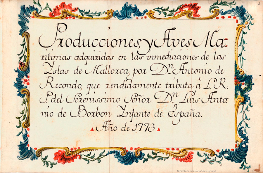Portada del documento escrito e ilustrado por el naturalista Antonio Recondo. Antonio Recondo, naturalista del infante don Luis