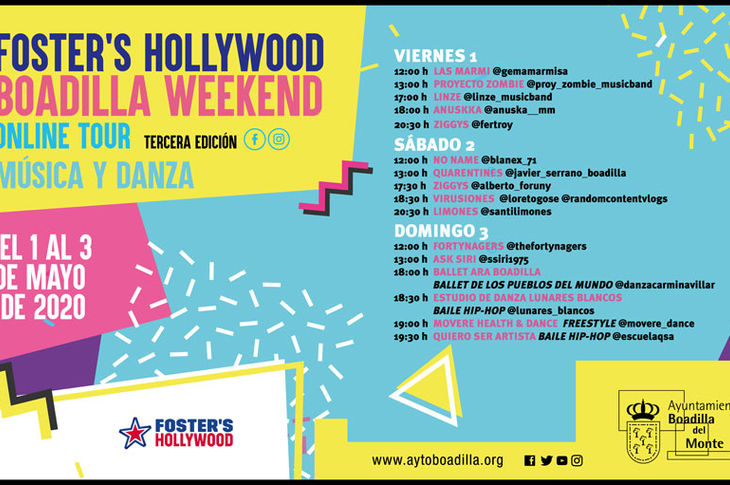 Nuevo fin de semana musical en Boadilla del Monte con las actuaciones online en directo desde sus casas de las bandas locales, a las que se suman también varias escuelas de baile. Puedes seguir cada una a través de sus cuentas de Instagram o Facebook. Siguen los conciertos en Boadilla del Monte