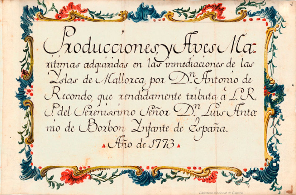 Portada del documento escrito e ilustrado por el naturalista Antonio Recondo. Antonio Recondo, naturalista del infante don Luis